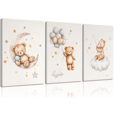 Imagem de 3 peças de arte de parede em tela de berçário de ursinho de pelúcia emoldurado urso dormindo na lua e estrelas decoração de parede imagens balão nuvem neutra impressões de pôster para quarto de bebê