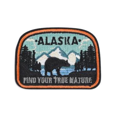 Imagem de Patch de urso do Alasca, adesivos de moral Encontre sua verdadeira natureza, bordado com borda laranja, 6 x 4,6 cm, sem costura para mochila, jaqueta, equipamento de caminhada, coleção de lembranças
