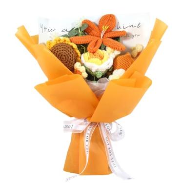 Imagem de ZIHOBOQI Buquê de flores de crochê, girassol tricotado e rosa, flores de crochê feitas à mão para aniversário, decoração de casa, aniversário, buquê de casamento, presente de formatura para mãe