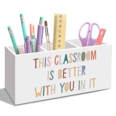 Imagem de nvucamd Porta-lápis para sala de aula Boho para mesa, acessórios de mesa de escritório, organizador de canetas de volta às aulas para estudantes, meninos, meninas, professores, esta sala de aula fica