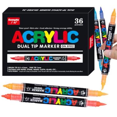 Imagem de Guangna Marcadores de tinta acrílica de 36 cores, conjunto de canetas marcadoras de ponta dupla com ponta de pincel macio, marcadores multifuncionais de ponta fina para madeira, tela, pintura rupestre