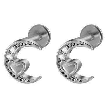 Imagem de Niaspi 2 peças de anéis labiais Crescent Labret Monroe para mulheres e homens, aço inoxidável 16G, zircônia cúbica, azul, turquesa, lua, coração, labret, piercing de labret, tragus, hélice, cartilagem