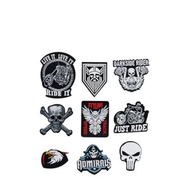 Imagem de Conjunto de remendo de tecido a ferro – Pacote com 9 emblemas de motociclista e caveira, 100% poliéster, adesivo forte, fácil aplicação de prensa térmica