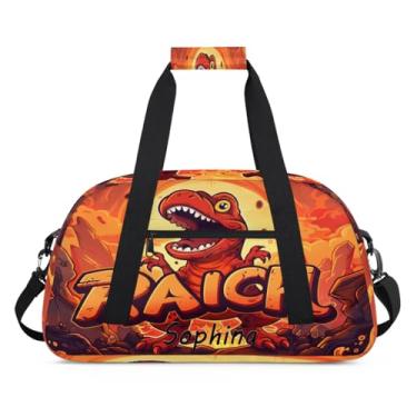 Imagem de Bolsa esportiva personalizada dinossauro raich palavra vermelha com nome bolsa noturna personalizada bolsa de festa do pijama bolsas de fim de semana bolsa de treino para dança, balé, academia