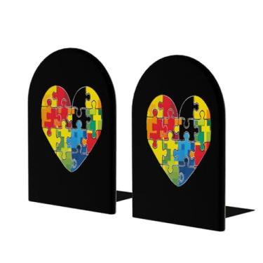 Imagem de Belo coração do amor do autismo grande suportes de livros de madeira decorativo antiderrapante resistente terminais de livro para mesa de escritório em casa biblioteca de estudo escolar divisórias de