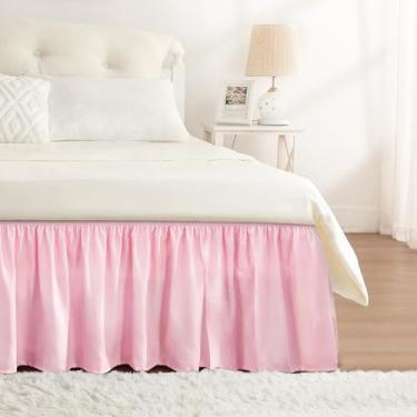 Imagem de RIMELA Saia de cama tamanho solteiro rosa empoeirado 38 cm, saia de cama elástica, babados, para base de cama ajustável, tecido macio e durável, lavável na máquina, fácil de instalar, saias de cama