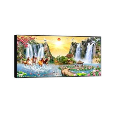 Imagem de Chinoiserie Arte de parede paisagem imagem em tela - Cachoeira cavalo flores de lótus - pintura chinesa - impressões de moldura preta para decoração de casa 30 x 60 cm 12 x 24 pol