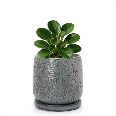 Imagem de D'vine Dev Vaso de grés de folhas em relevo de 10 cm com orifício de drenagem e pires, azul grafite, 27-A-Z-9