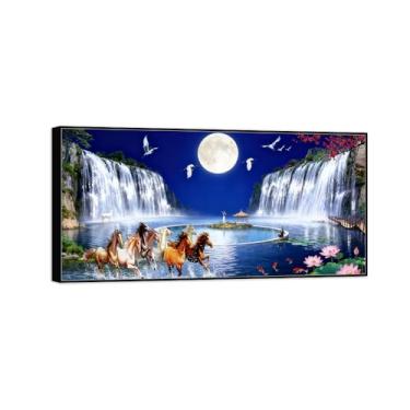 Imagem de Chinoiserie Arte de parede paisagem Imagem em tela - Cachoeira Lago Cavalo - Pintura chinesa - Impressões de moldura preta para decoração de casa 50 x 100 cm 20 x 39 pol