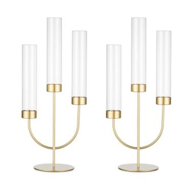 Imagem de Sziqiqi Candelabro dourado para centro de mesa de casamento: Castiçais de 3 braços com cilindro para bastão de vela cônico - Conjunto de 2 castiçais de metal para decoração de mesa de noivado de Natal