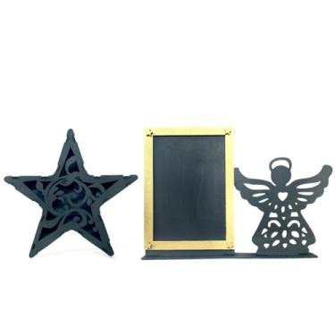 Imagem de Kit Porta Retrato com Anjo e Estrela em MDF, Preto e Dourado, 24x16 cm, Decoração de Mesa, Rack Sala 2 Peças