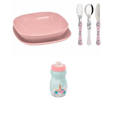 Imagem de Conjunto pratos, talheres, Garrafa Squeeze  infantil- Unicornio - Simo
