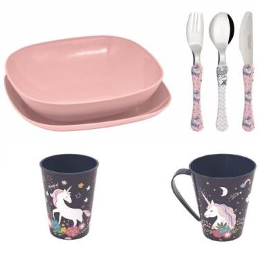 Imagem de Conjunto pratos, talheres, copo, caneca  infantil- Unicornio - Simonag