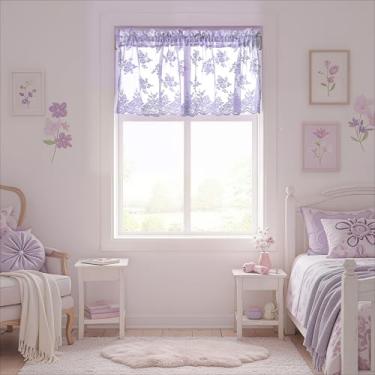 Imagem de Saia de renda roxa clara para painel Windows 1, L 130 x C 45,7 cm, rústico, lavanda, floral, cortina transparente para janela de cozinha sobre a pia, cortina curta vintage com bolso de varão, 45,7 cm