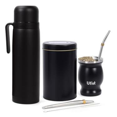 Imagem de Ufist Kit completo de erva mate - Inclui cabaça Argentina Mate, 2 peças de canudo (Bombilla), Yerbero, garrafa isolada de 1000 ml - Conjunto de erva mate de aço inoxidável (preto)