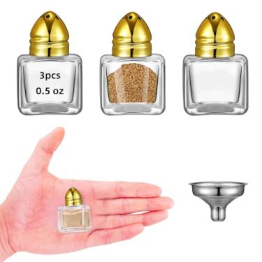 Imagem de 3 peças de saleiro e pimenteiro pequenos em forma de cubo de 14,2 g com tampo de tom, mini potes de tempero de vidro transparente, saleiro de especiarias com funil para festa de casamento, restaurante