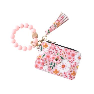 Imagem de Carteira feminina Boho com contas de pulso – Porta-cartões com estampa floral com borla, pulseira de contas de silicone, porta-chaves com zíper e porta-moedas para identidade para mulheres, Rosa claro