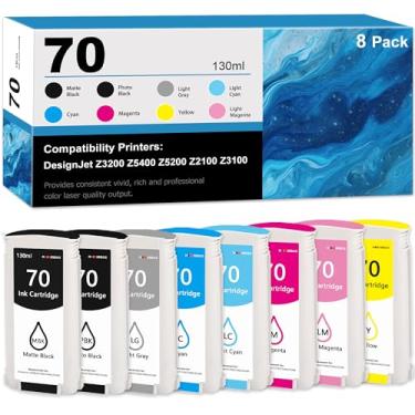 Imagem de Mooxrbog 70 cartuchos de tinta de substituição de 130 ml para tinta HP 70, compatível com DesignJet Z5400, Z5200, Z3200, Z3100, Z2100, pacote com 8 (MBK/PBK/LG/C/M/Y/LC/LM)
