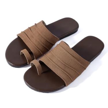 Imagem de N.N.G Sandálias femininas de dedo do pé - corrediças pretas com tiras planas com palmilha marrom confortável para praia/resort, Marrom, 36