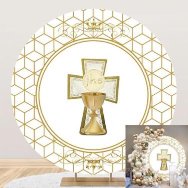 Imagem de Capa de fundo redonda de 2 x 2 metros, coroa dourada, cruz cristã, Santo Graal, Páscoa, círculo de batizado, fundo fotográfico para crianças, recém-nascidos, chá de bebê, batismo, decoração de festa