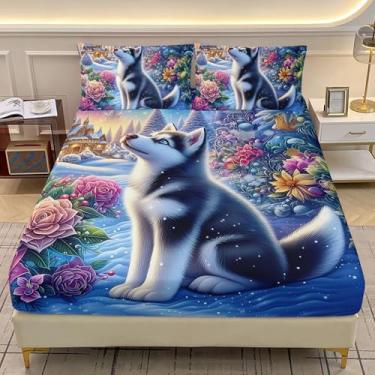 Imagem de AILONEN Jogo de lençol solteiro de cachorro Husky fofo - Jogo de cama kawaii para crianças, meninos, meninas, lençol com elástico + 2 fronhas - 3 peças