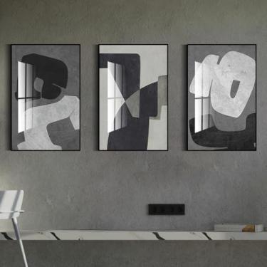 Imagem de QKF Pintura decorativa moderna de arte abstrata geométrica grande preto e branco brilhante, adequada para sala de estar, quarto, banheiro e escritório, conjunto de impressão de decoração de pôster, 50