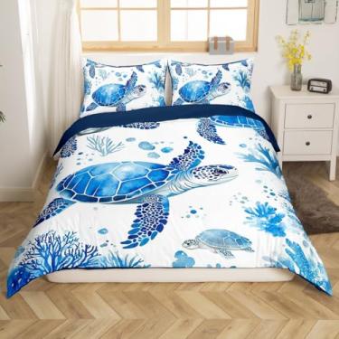 Imagem de Erosebridal Capa de edredom de tartarugas marinhas king size tema oceano conjunto de cama para crianças azul náutico corais desenhos de algas marinhas capa de edredom aquarela costa vida marinha bolha