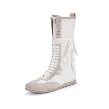 Imagem de LACIKOSZ Botas esportivas femininas com cadarço, cano alto, casual, atlético, streetwear, Branco, 38