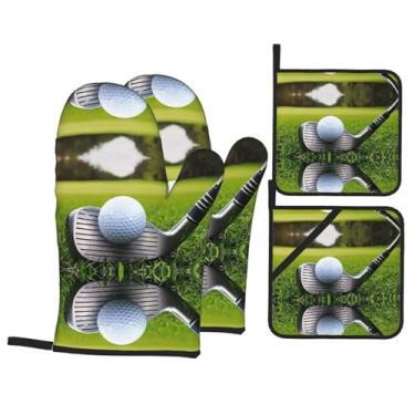 Imagem de Golf Club - Conjunto de luvas de cozinha estampadas com suportes de tampa, luvas de forno resistentes ao calor para manusear panelas quentes, grelhar, churrascos, kit de 4 peças.