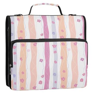 Imagem de Wassud Fichário vertical listrado pastel com zíper com 3 anéis com alça de ombro e alça de vários bolsos, organizador de pasta de arquivo expansível