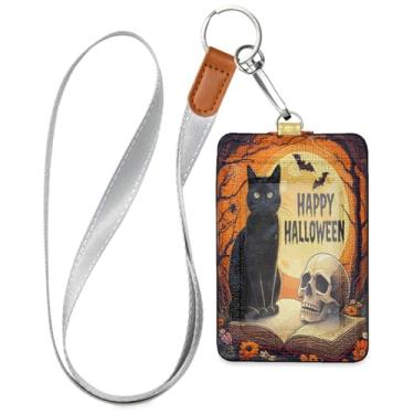 Imagem de Wassud Porta-crachá de couro PU de gato preto com cordão, porta-cartão de identificação para trabalho, cordão de pescoço com compartimentos para cartões de crédito, funcionários, estudantes, 39,9 cm