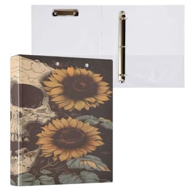 Imagem de CEBUGI Fichário redondo com 3 anéis de girassóis caveira de 3 cm comporta 200 folhas, pastas com 3 bolsos de PVC transparente para escritório, 31,5 x 27 x 6 cm, 1 pacote