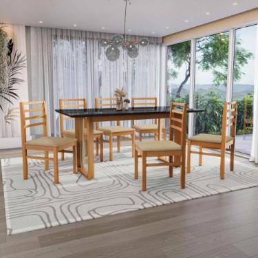 Imagem de Conjunto Sala de Jantar Elisa em Madeira Maciça 6 Cadeiras Boucle Bege