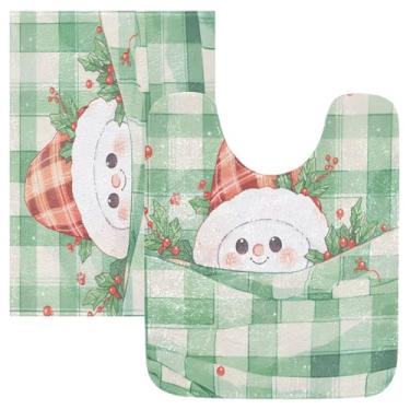 Imagem de Burbuja Conjunto de tapete de banheiro xadrez de boneco de neve, tapete de banho absorvente de pelúcia macio, base de vaso sanitário antiderrapante para banheiro