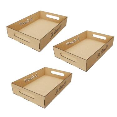 Imagem de Kit com 3 Bandejas MDF Cru 30x20x6 para Decoração de Festa, Cestas Café da Manhã, Presente – Coração, Estrela, Te Amo, Feliz Aniversário e Lisa ( )
