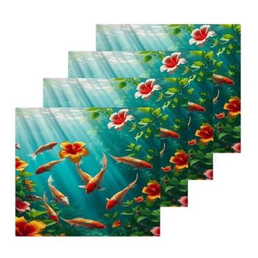 Imagem de Burbuja Pacote com 4 toalhas de banho de hibisco de peixe, algodão premium, máxima suavidade e absorção para toalhas de mão e rosto, 30 x 30 cm