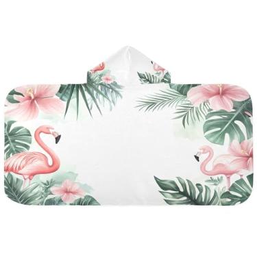 Imagem de Burbuja Toalha de banho com capuz de flamingos de plantas tropicais para crianças, toalha de praia de pelúcia macia absorvente para meninas e meninos 3-10 anos, 61 x 127 cm
