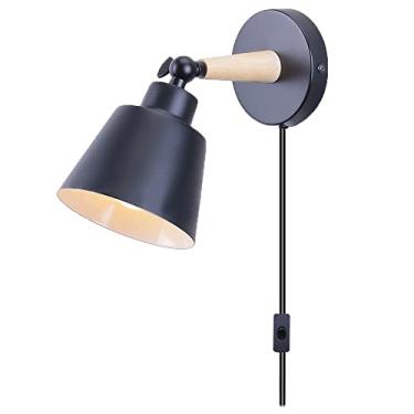 Imagem de Luminária de parede interna com plugue e interruptor liga/desliga, spots de parede ajustáveis, luminária de cabeceira de madeira para leitura, ideal para quarto, sala de estar, escritório, s