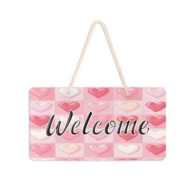 Imagem de Burbuja Placa de boas-vindas xadrez de coração dos namorados para porta da frente, placa de boas-vindas de PVC para decoração de férias, 15 x 28 cm