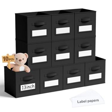 Imagem de Teenyyou 10 unidades de cubos de armazenamento de tecido com etiquetas 33 cm cestos organizadores de cubos dobráveis com cartões de janela para prateleira, roupas de berçário, livros, brinquedos
