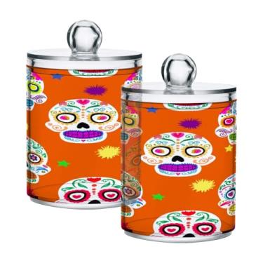 Imagem de STAYTOP 4 frascos de boticário Qtip para banheiro com etiquetas – Recipiente de armazenamento Qtip de plástico transparente para bola de algodão, cotonete, crânio de açúcar colorido em grão de café