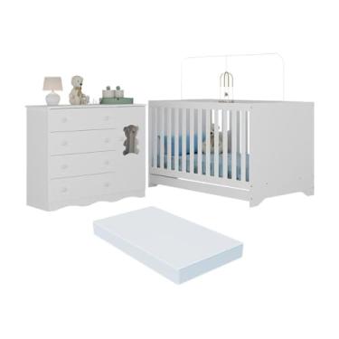 Imagem de Berço Americano 3 em 1 com Colchão Incluso e Cômoda 1 Porta 4 Gavetas Doçura Multimóveis Mp4733 Branco