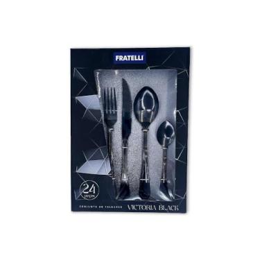 Imagem de Faqueiro em Aço Inox, 24 Peças, Preto, Inclui Garfos, Facas de Churrasco, Colheres de Mesa e Chá