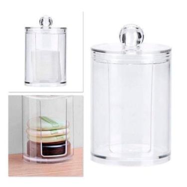 Imagem de Pote para Discos de Algodão e Hastes Flexíveis com Tampa, Acrílico Transparente, 8,5cm x 7cm, Organizador para Banheiro e Penteadeira