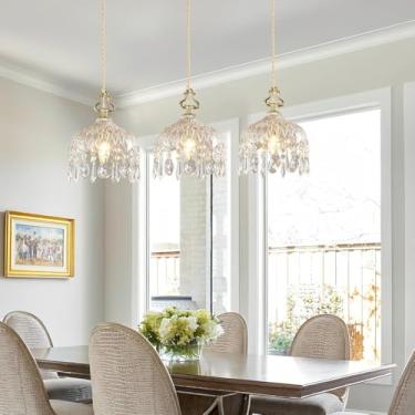 Imagem de Lustre moderno e elegante de cristal com luminária pendente de latão para cabeceira, ajustável, estilo rústico, ideal para hall de entrada, varanda, cozinha, quarto, cafeteria, restaurante o