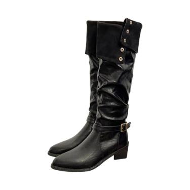 Imagem de Botas femininas de salto grosso, bico fino, acima do joelho, com tubo alto de veludo para uso casual e ao ar livre, Preto, 38