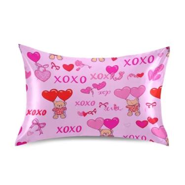 Imagem de Fronhas com estampa de ursos fofos corações rosa padrão king queen almofadas de cetim refrescante decoração de cama para casa fofo tamanho king 101,6 cm x 50,8 cm