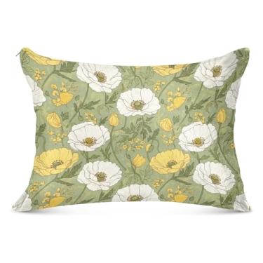 Imagem de Capa de almofada de flanela grande arte branca amarela verde flores com zíper longo padrão queen king size fronha fofa grande, tamanho do corpo, 53 cm x 137 cm