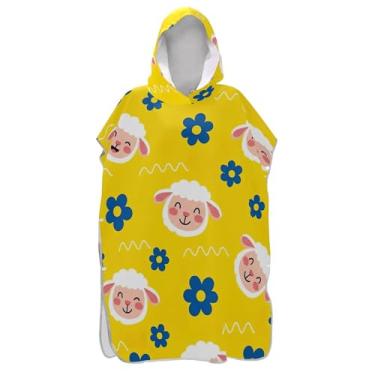 Imagem de TSENQUE Roupão fofo de desenho animado de ovelha sorriso, poncho de surfe, trocador para adultos, moletom com capuz, toalha para natação, ponchos de praia leves para homens