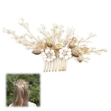 Imagem de Pente de cabelo de casamento Crystal Bride 2025 Flor de prata Acessórios de cabelo para mulheres (flor dourada)